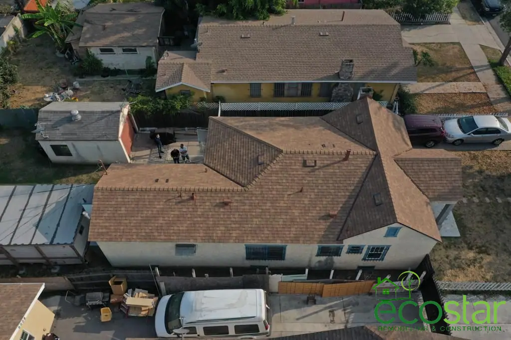 Aerial view of shingle roofs on homes by EcoStar Remodeling & Construction
