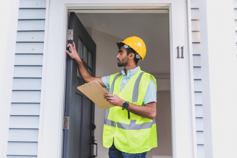 Inspector with a clipboard at a front door