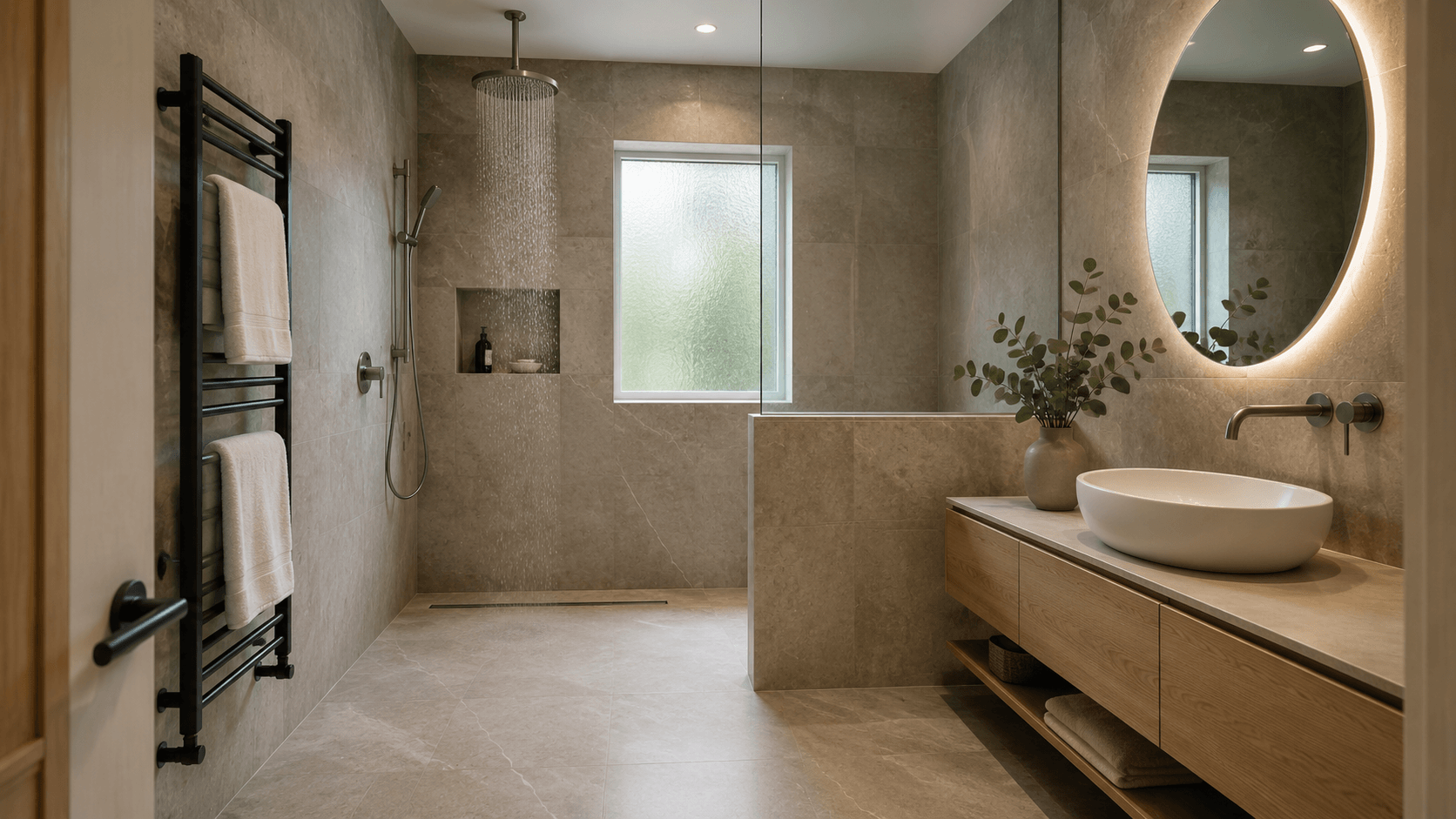 Wet room bathroom with walk-in shower